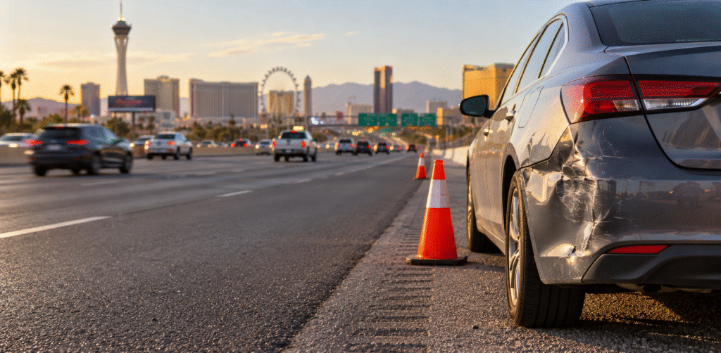Orange cones surround a damaged sedan parked on the highway shoulder while traffic passes toward a city skyline in the distance