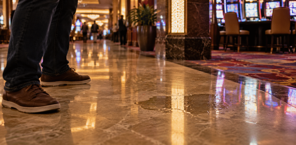Puddle of spilled liquid on a polished marble casino floor near a person's shoes, creating a potential slip-and-fall hazard