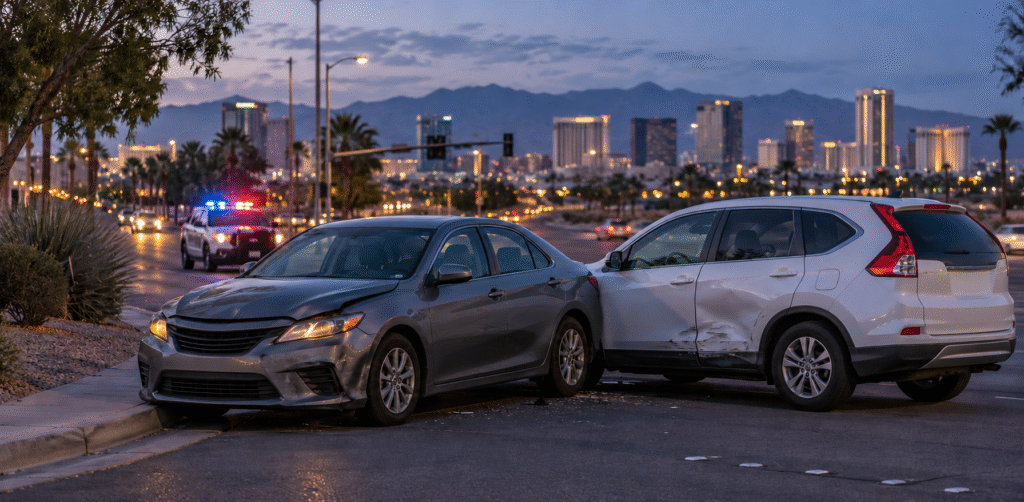 Two collision-damaged vehicles block part of a city street, with debris scattered nearby and police lights visible behind them