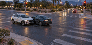 Two damaged vehicles remain in the middle of an intersection beneath red traffic lights, surrounded by debris and marked crosswalks